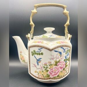 VTG HOMCO Japanese Porcelain Teapot w/Brass Handle, Gold Trim, Birds & Flowers